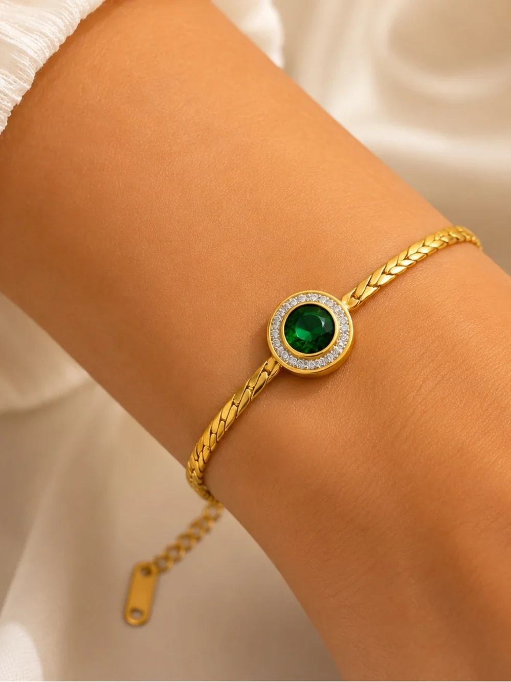 18K Gold Plated Green Gemstone Halo Bracelet CZ Waterproof Stainless Steel